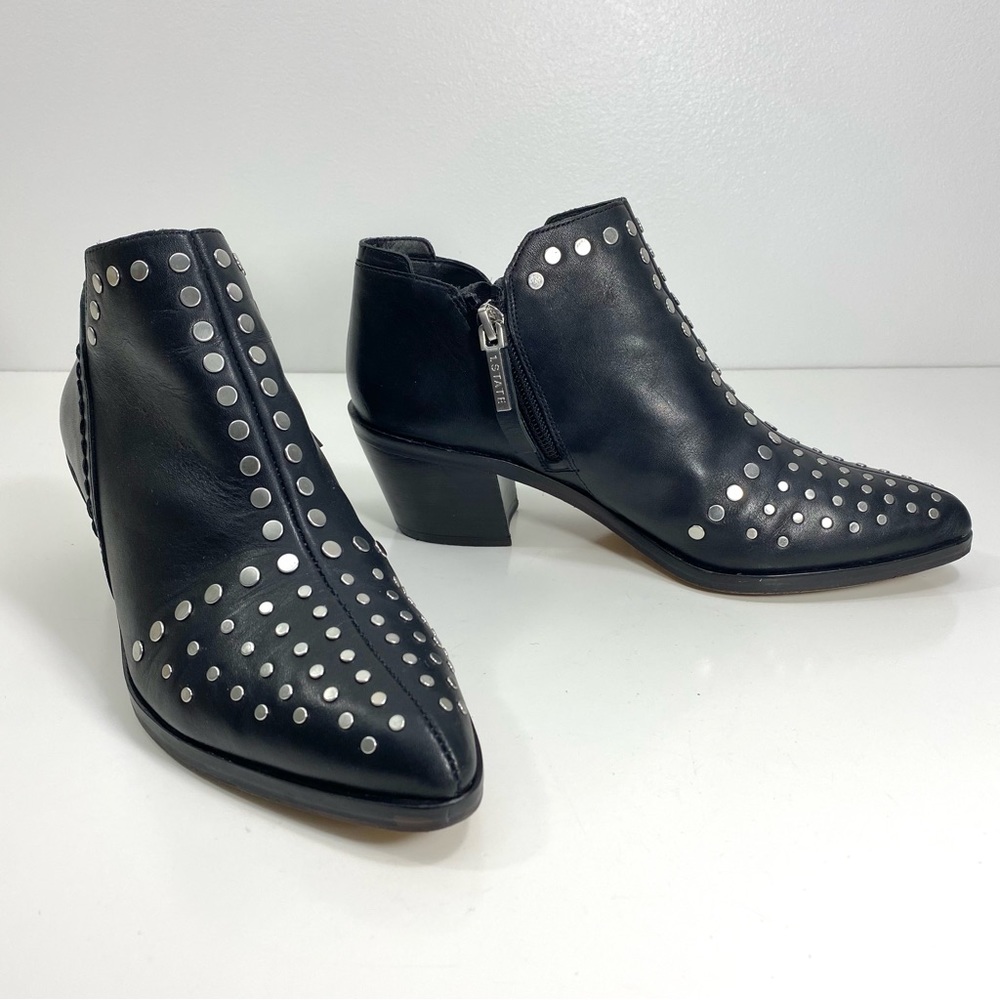 1. State Loka Black Leather Silver Studded Moto Biker Rock Western Ankle Boots 6 - Picture 2 of 12